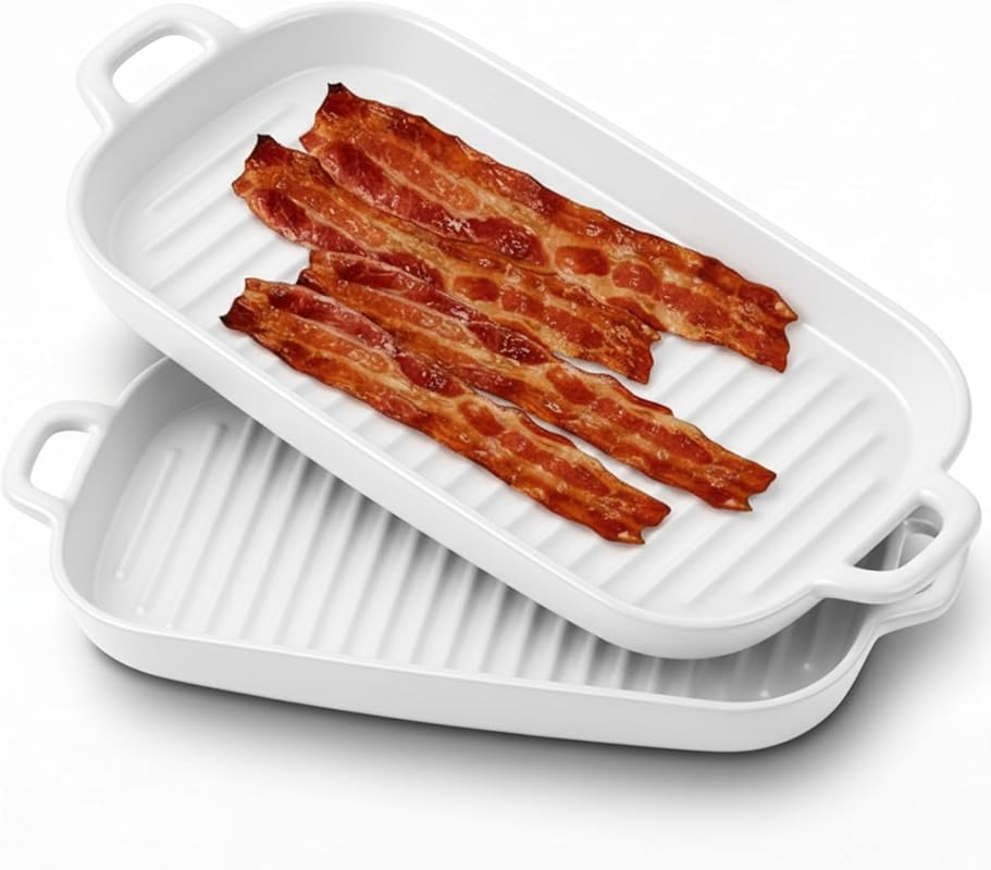 2-Piece Microwave Bacon Tray Set, Upgraded Square Ceramic Baking Trays