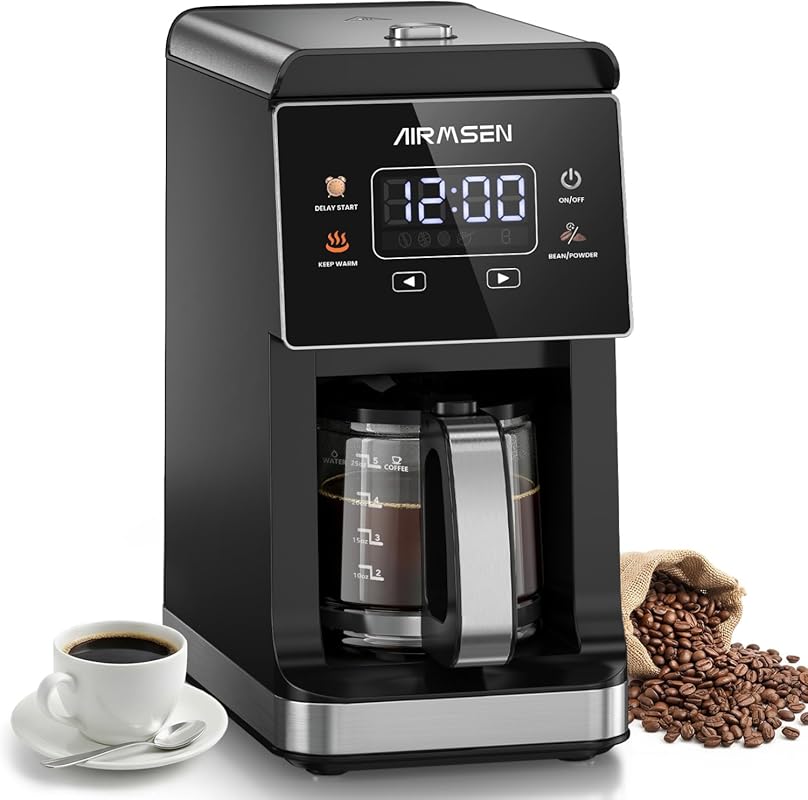 AIRMSEN Grind & Brew Coffee Maker: Built-in Grinder, Programmable Sing