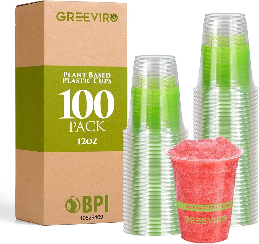 Eco 12 oz Clear Compostable Plastic Cups – Thick, Reusable/Disposable 