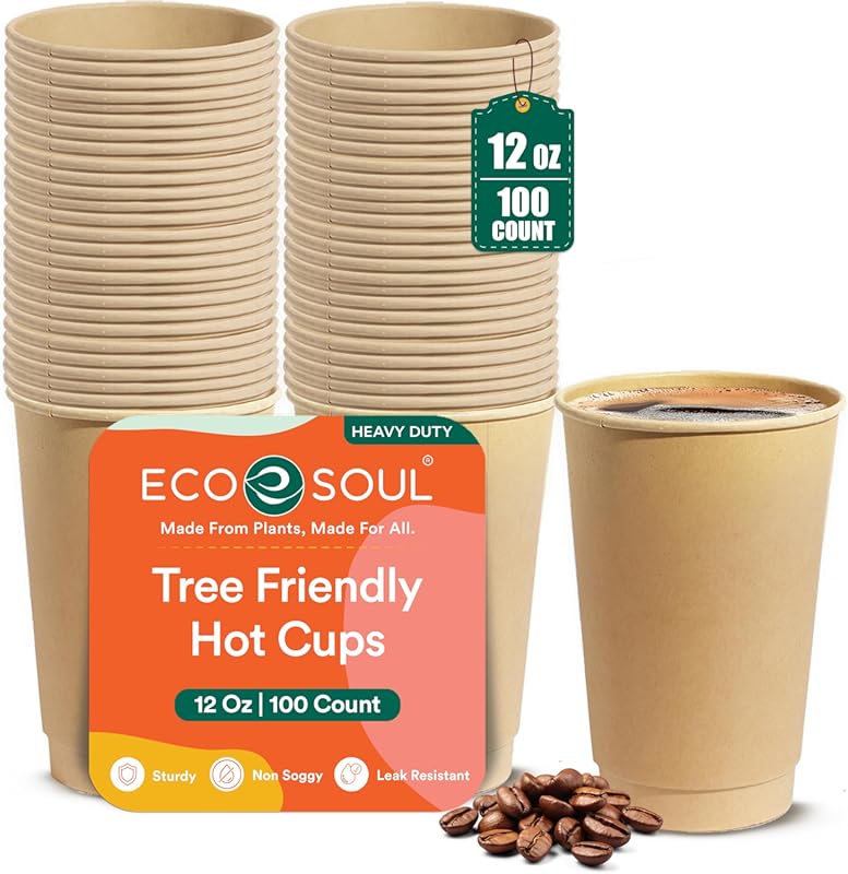 ECO SOUL 100‑Pack 12 oz Disposable Coffee Cups – Eco‑Friendly, Biodegr