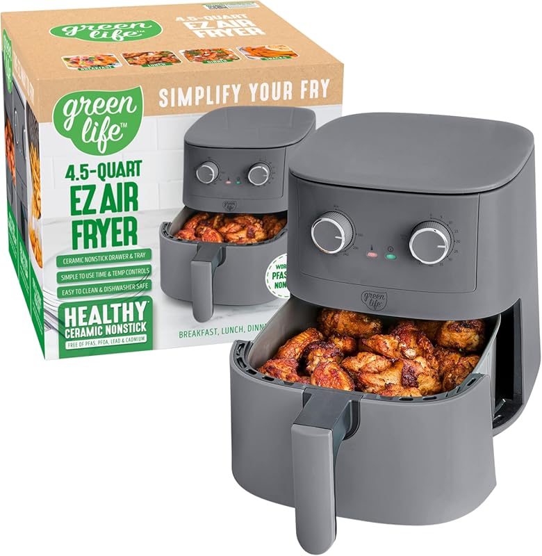 GreenLife 4.5Qt Air Fryer with Mechanical Dial, PFAS‑Free Ceramic Draw