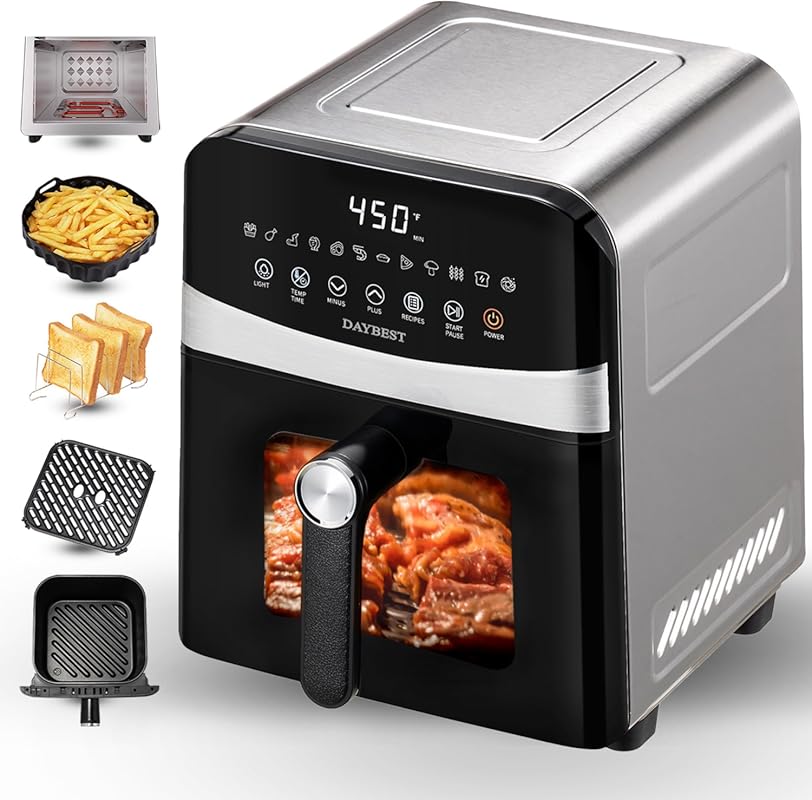 Daybest Stainless Steel 6Qt 12‑in‑1 Ceramic Air Fryer, Dual‑Blaze Heat