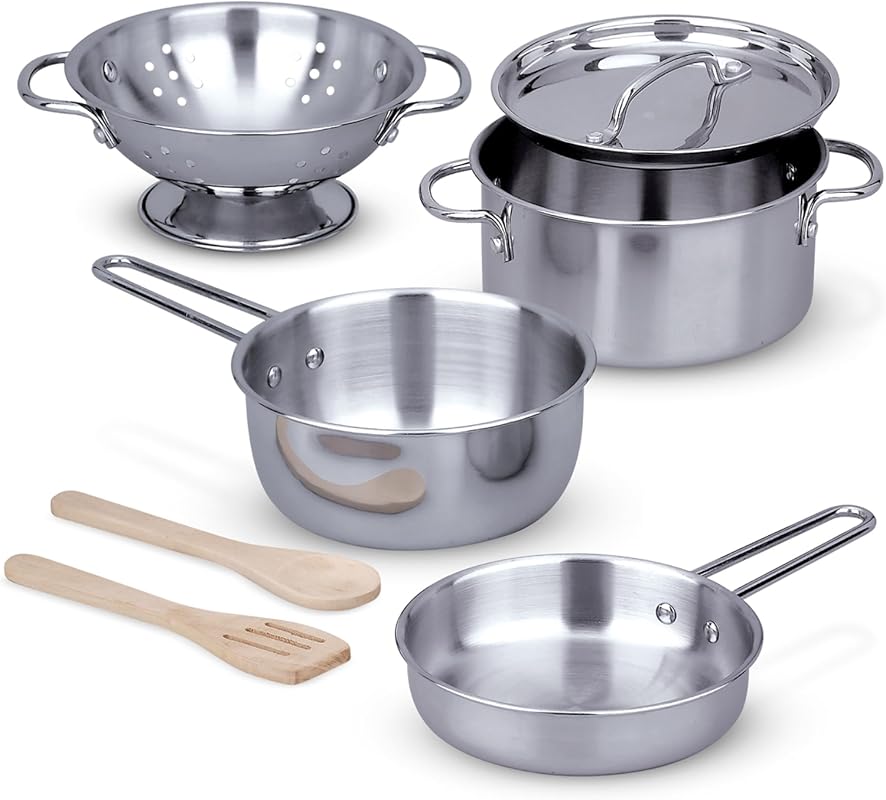 Melissa & Doug Stainless Steel Pots & Pans, 8 Piece Play Kitchen Set,