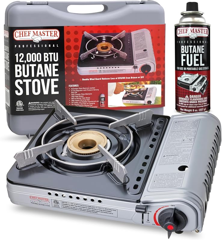 Chef Master 12000 BTU Portable Butane Stove with Wind Guard and Carry 