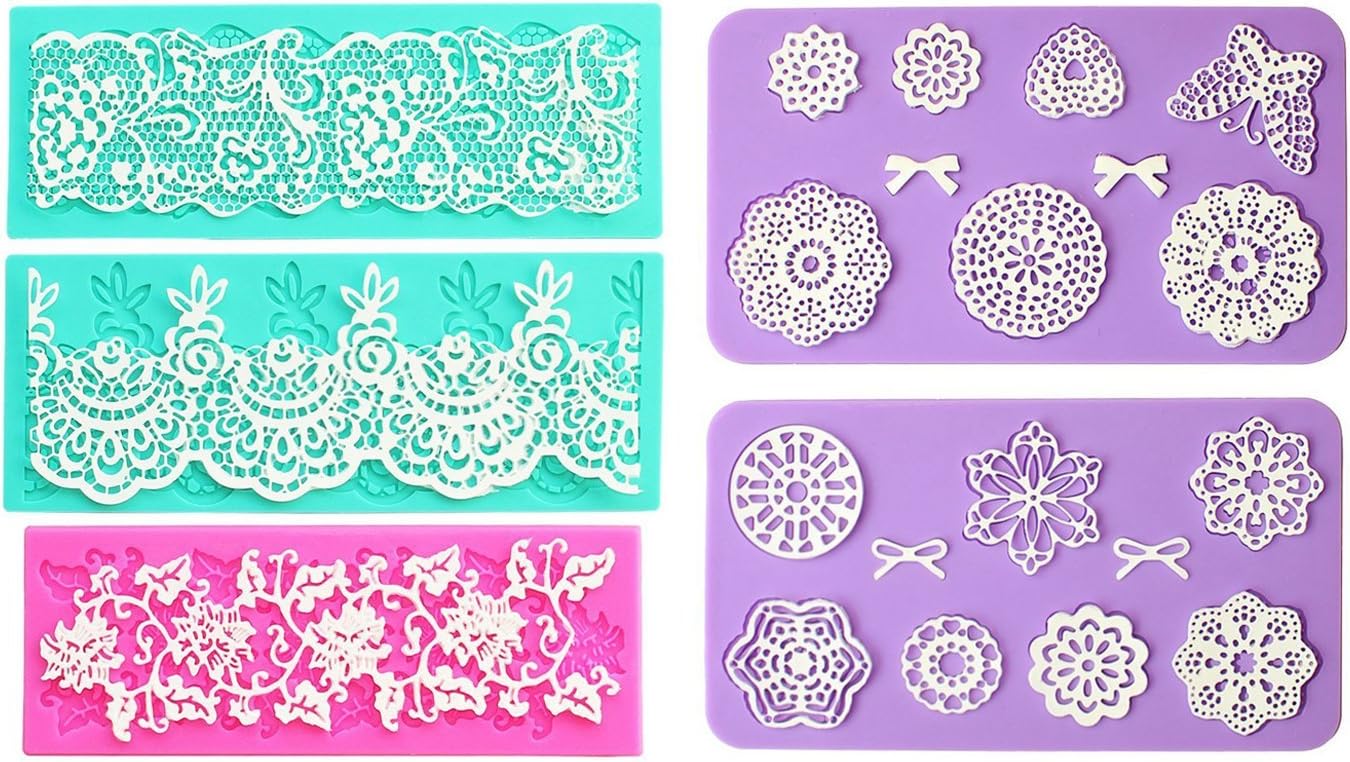 Set of 5 Silicone Embossing Lace Fondant Molds for Wedding Cake and Cupcake Decoration
