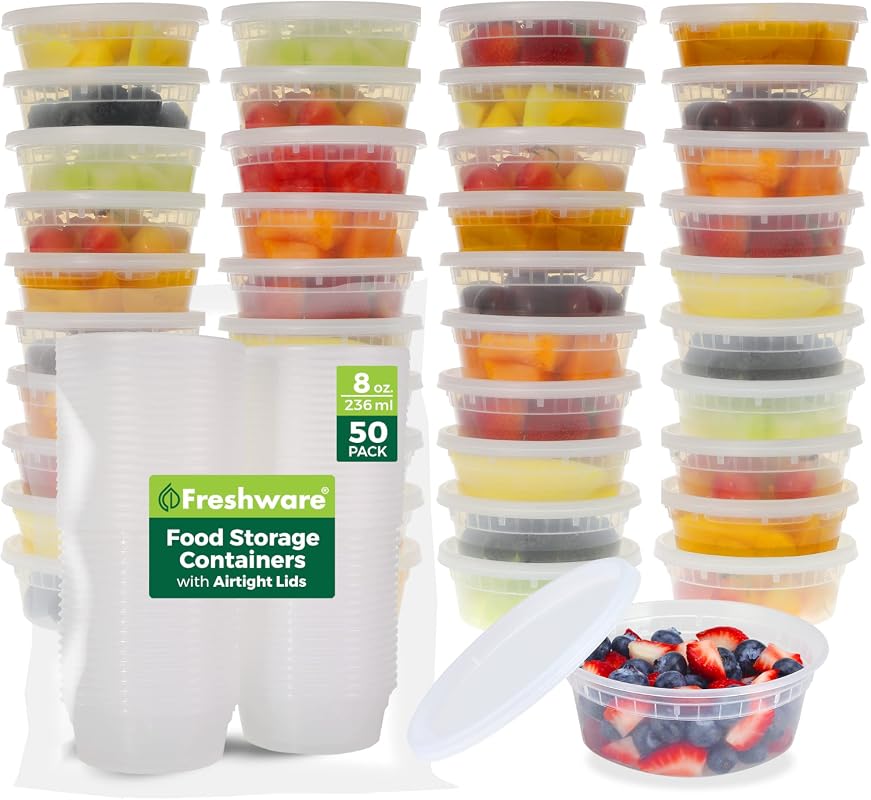 Freshware 50 Set 8oz Plastic Deli Containers with Lids, BPA Free Leakp