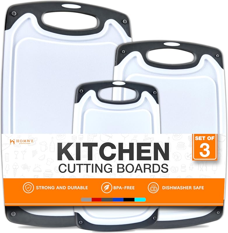 3-Pack BPA-Free Reversible Cutting Boards with Non-Slip Handles in Mul