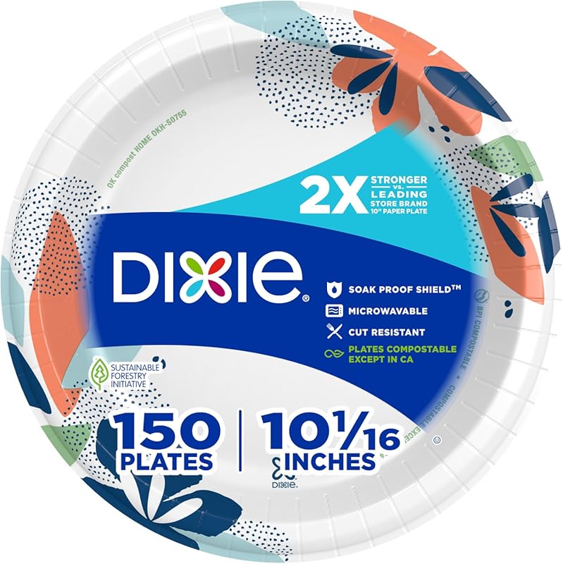 Dixie 10-Inch Large Paper Plates, 150 Count, 2X Stronger, Microwave-Sa