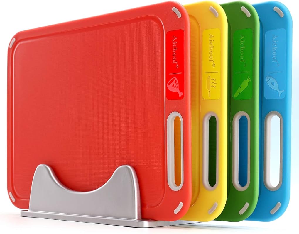 Color Coded Cutting Boards Set of 4 with Holder, BPA-Free, Dishwasher 