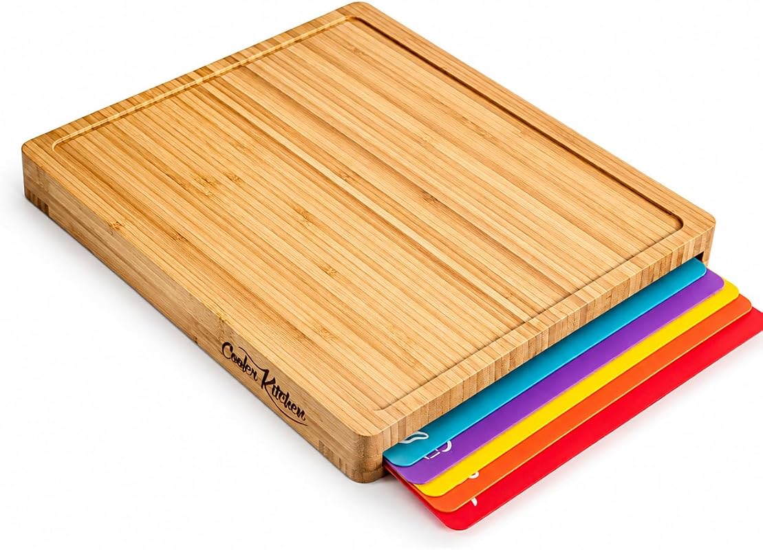 Bamboo Cutting Board Set with 6 Color Coded Flexible Mats, BPA-Free, N