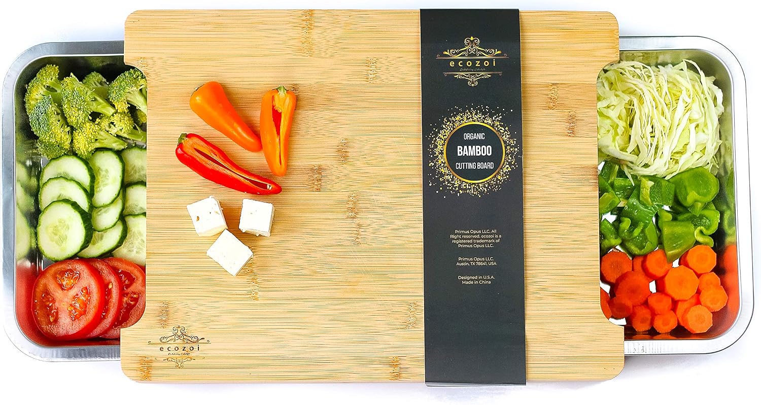 Ecozoi Bamboo Cutting Board with 2 Slide Out Drawers and Juice Groove