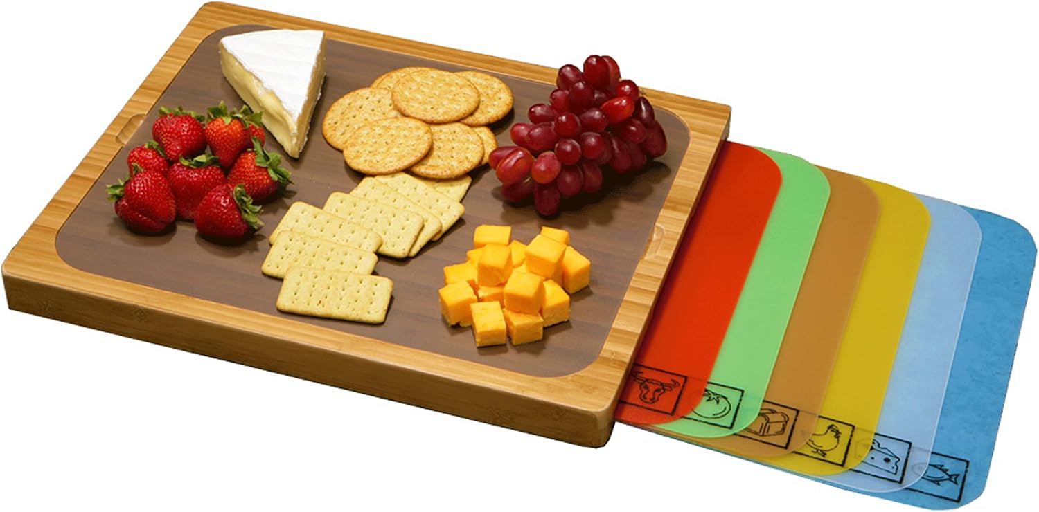 Seville Classics Bamboo Cutting Board with 7 Color-Coded BPA-Free Mats