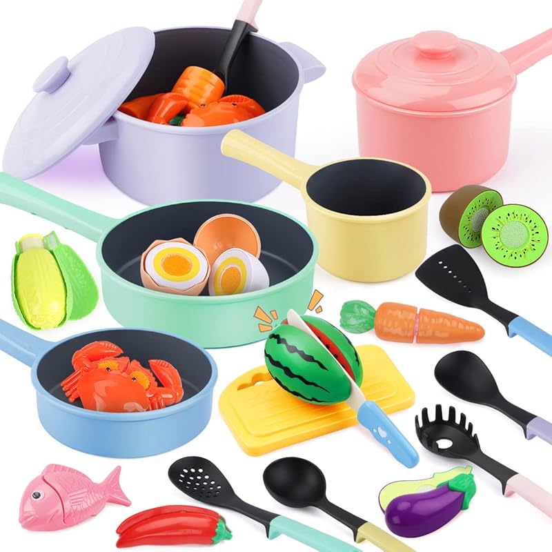 GILOBABY Kids Play Kitchen Accessories - Complete Cooking Toy Set with