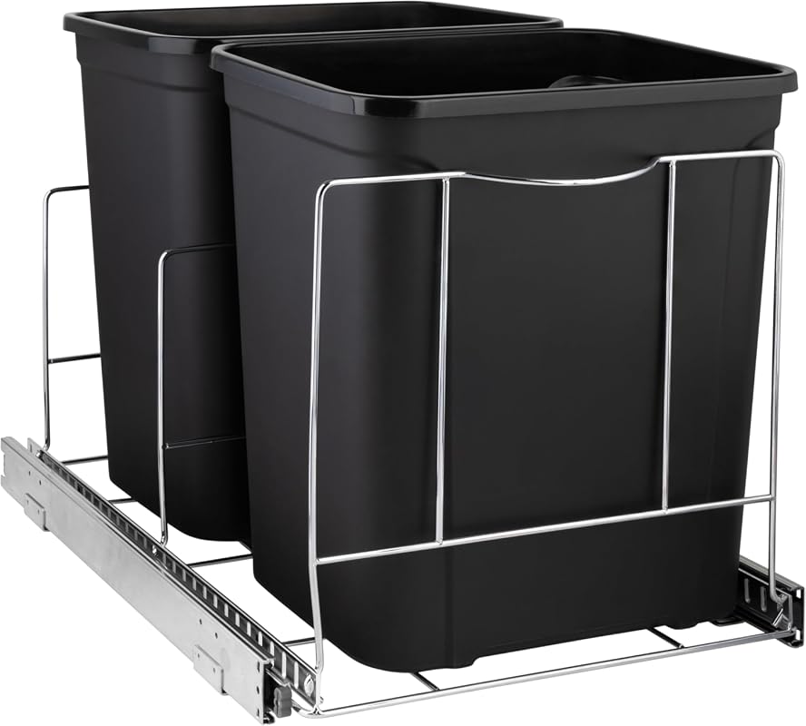 Pull Out Double 9 Gallon Under Cabinet Trash Can Rack, Heavy Duty Chro