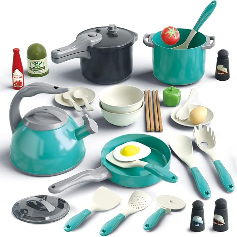 Bruvoalon 32Pcs Kids Play Kitchen Toys Set, Toddlers Pretend Cooking P