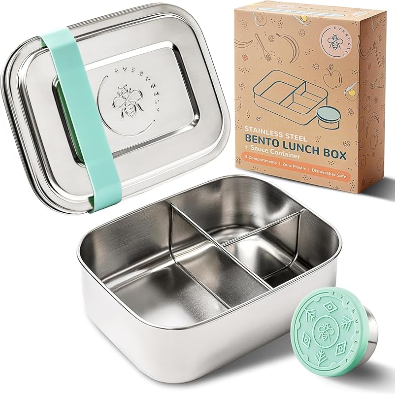 Everusely Green Stainless Steel Bento Box, 27oz 3 Compartment Leakproo