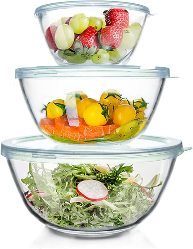 WhiteRhino Glass Mixing Bowls with Lids Set, Space-Saving Nesting Stor