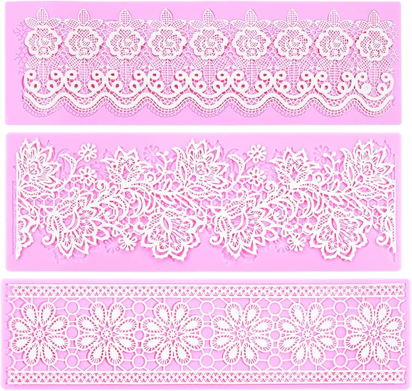 Set of 3 Silicone Lace Fondant Molds with Circle and Floral Patterns for Wedding Cake