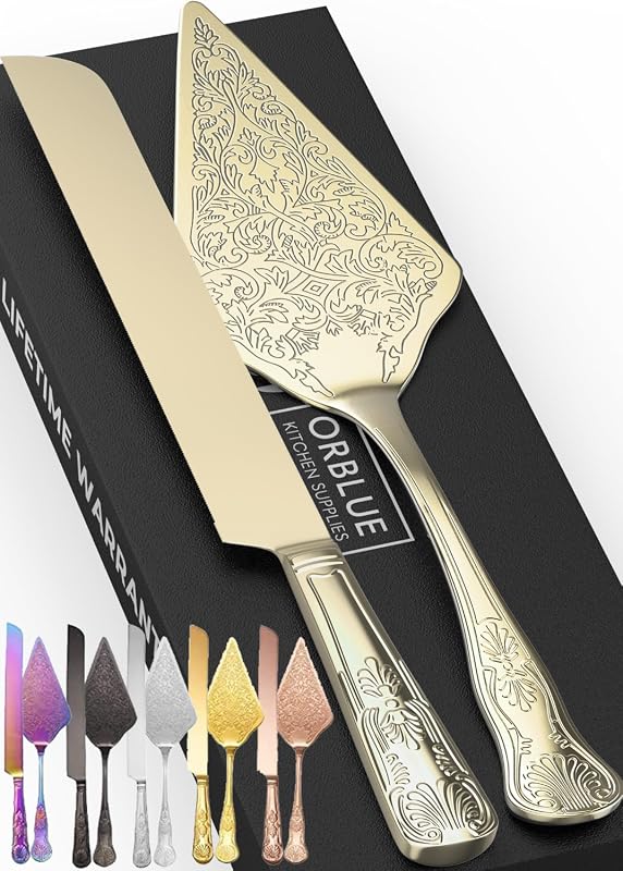 Orblue Wedding Cake Knife Server Premium Engraved Cutting Set Elegant