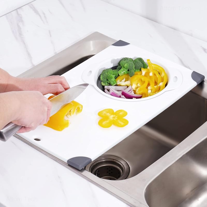 NiHome 2-in-1 Over Sink Cutting Board with Collapsible Colander and Er