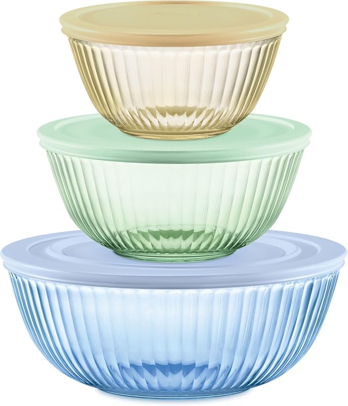 Pyrex Colors Tinted Glass Mixing Bowls, 3-Pack Sculpted Nesting Set wi