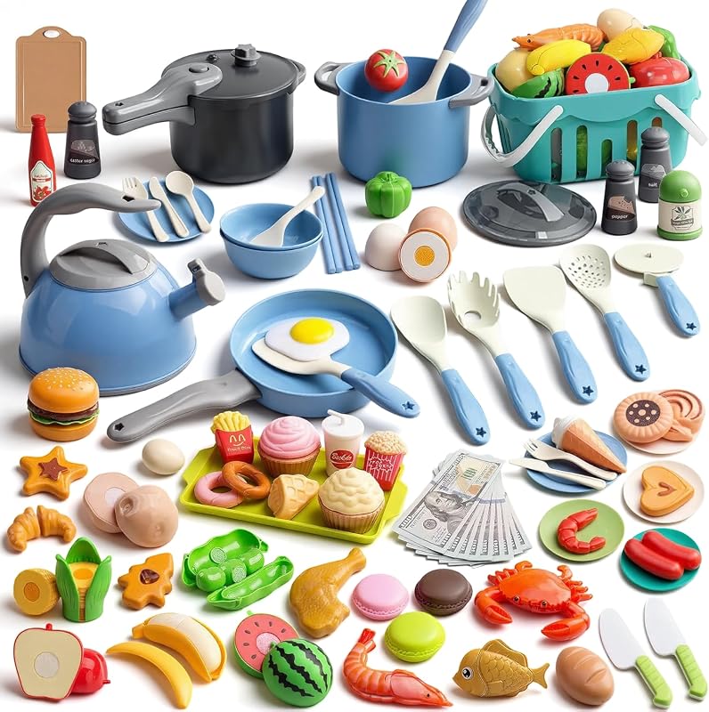 130Pcs Kitchen Playset, Toddler Pretend Cooking Play Pots, Pans, Utens
