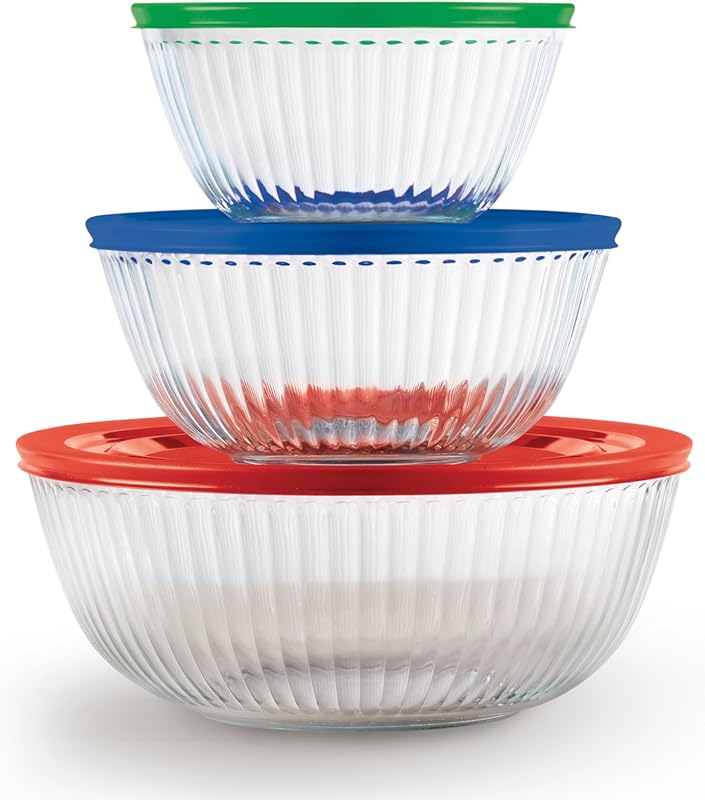 Pyrex Sculpted Glass Mixing Bowls Set, 3-Pack with Plastic Lids for Pr