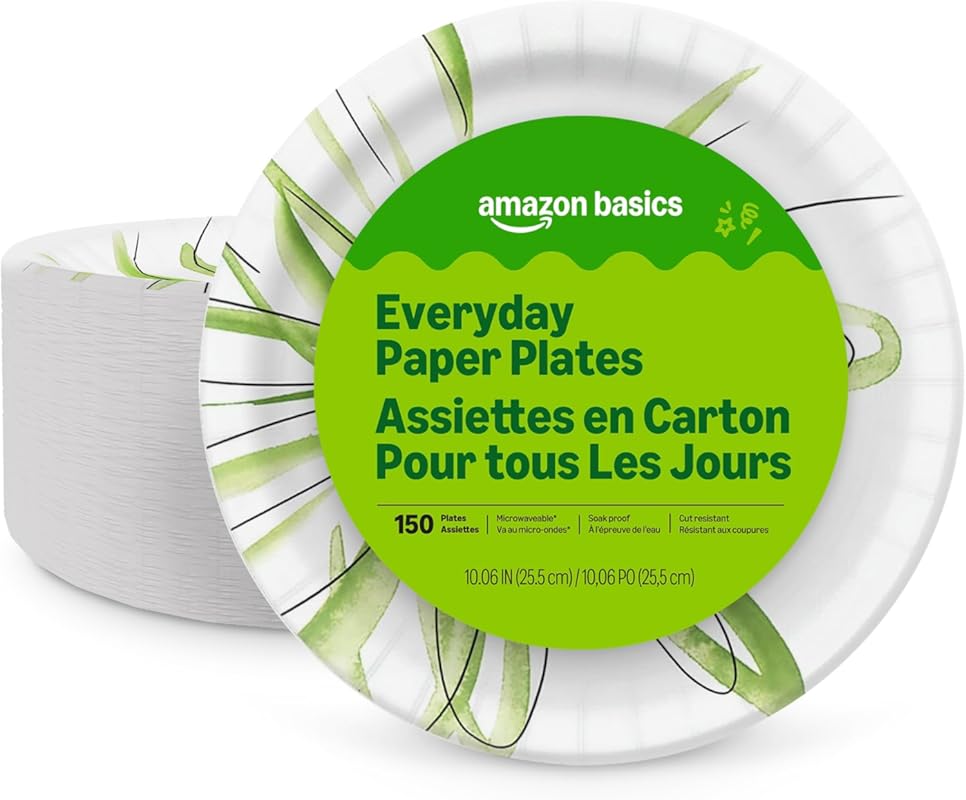 Amazon Basics 10-Inch Disposable Paper Plates, 150 Count for Everyday