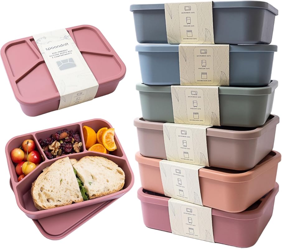 Spoondrift Eco-Friendly Silicone Bento Box, 4 Compartment Leak-Proof L