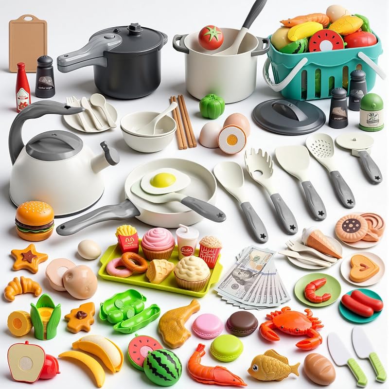 130Pcs Kitchen Playset, Toddler Pretend Cooking Play Pots, Pans, Utens