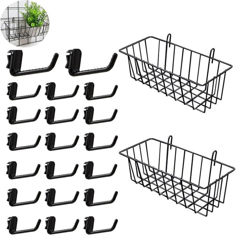 2 Pack Grid Panels Hanging Wire Basket Storage with Plastic Hooks for