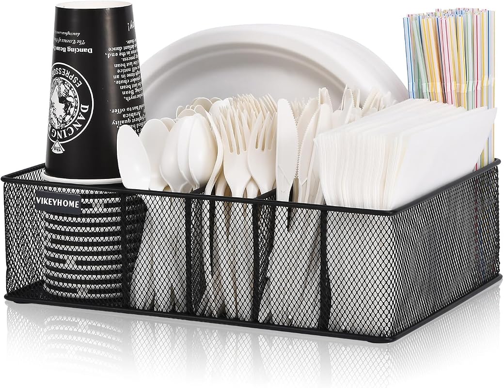 VIKEYHOME Paper Plate Organizer for Countertop, Metal Silverware Caddy