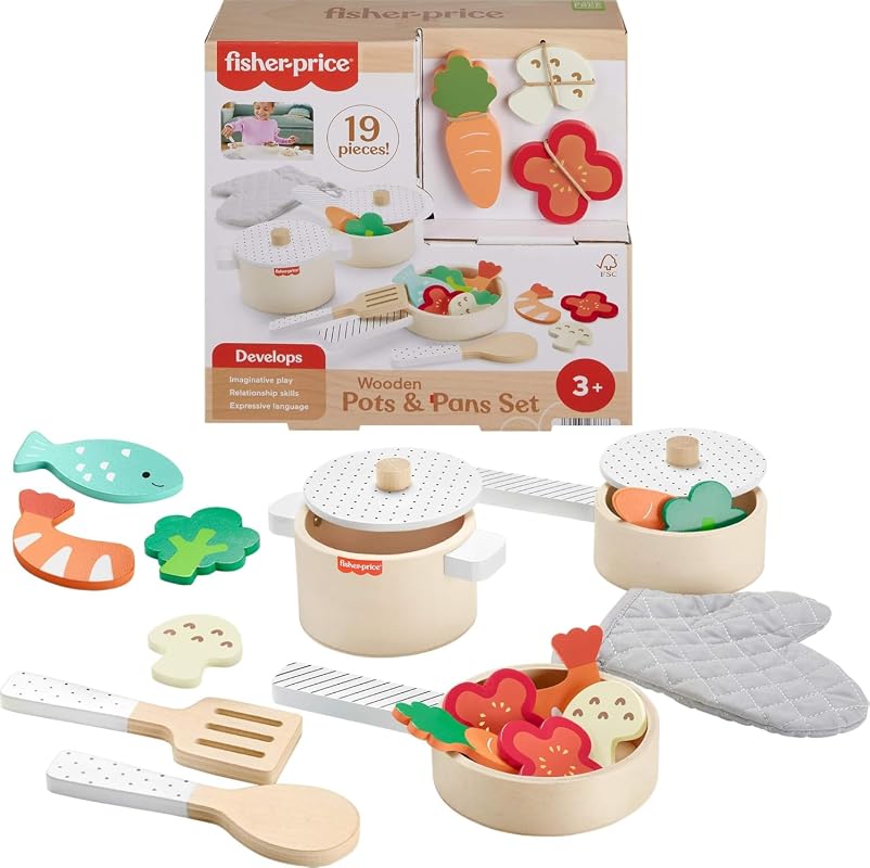 Fisher-Price Wood Kitchen Pretend Play Toy Pots & Pans Set, 19-Piece P