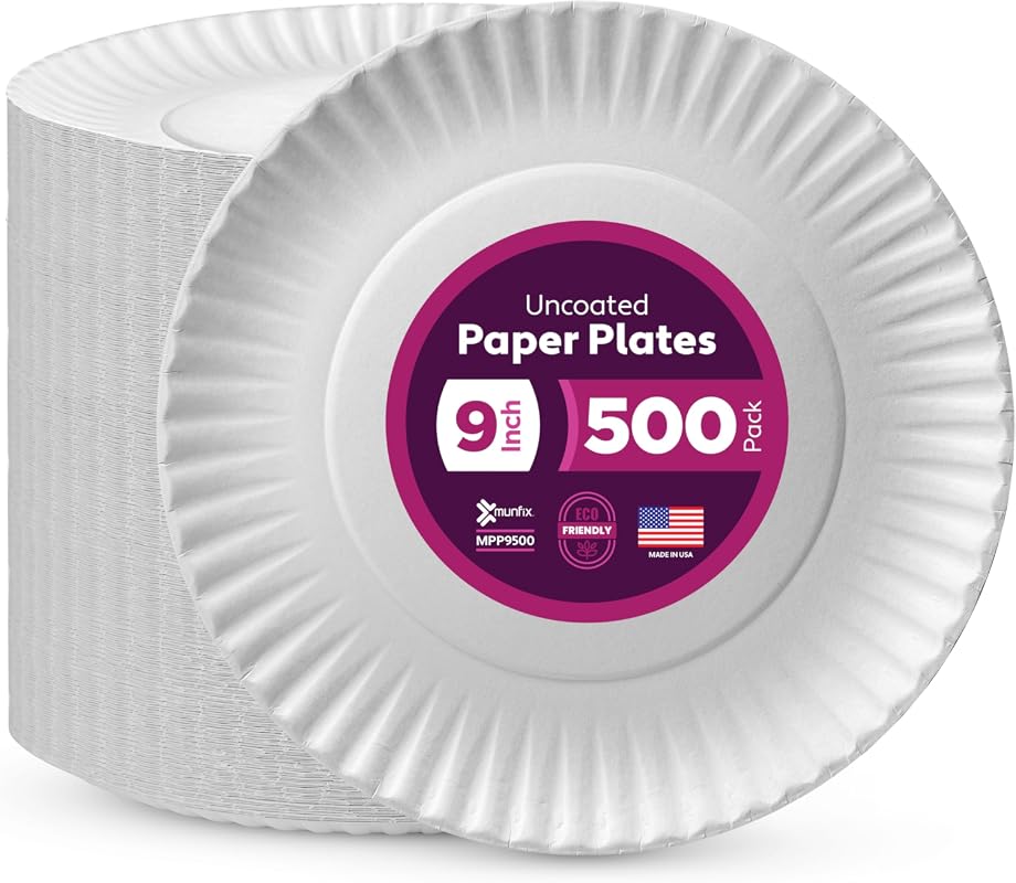 Munfix 9-Inch Uncoated Paper Plates, 500 Pack, Microwave-Safe, Recycla