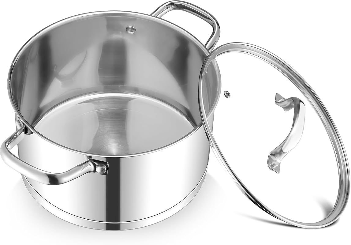 TeamFar 6-Quart Stainless Steel Stock Pot with Glass Lid for Induction