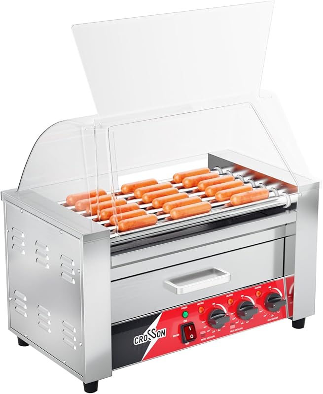 CROSSON 7 Roller Commercial Hot Dog Grill Cooker Machine with Bun Warm