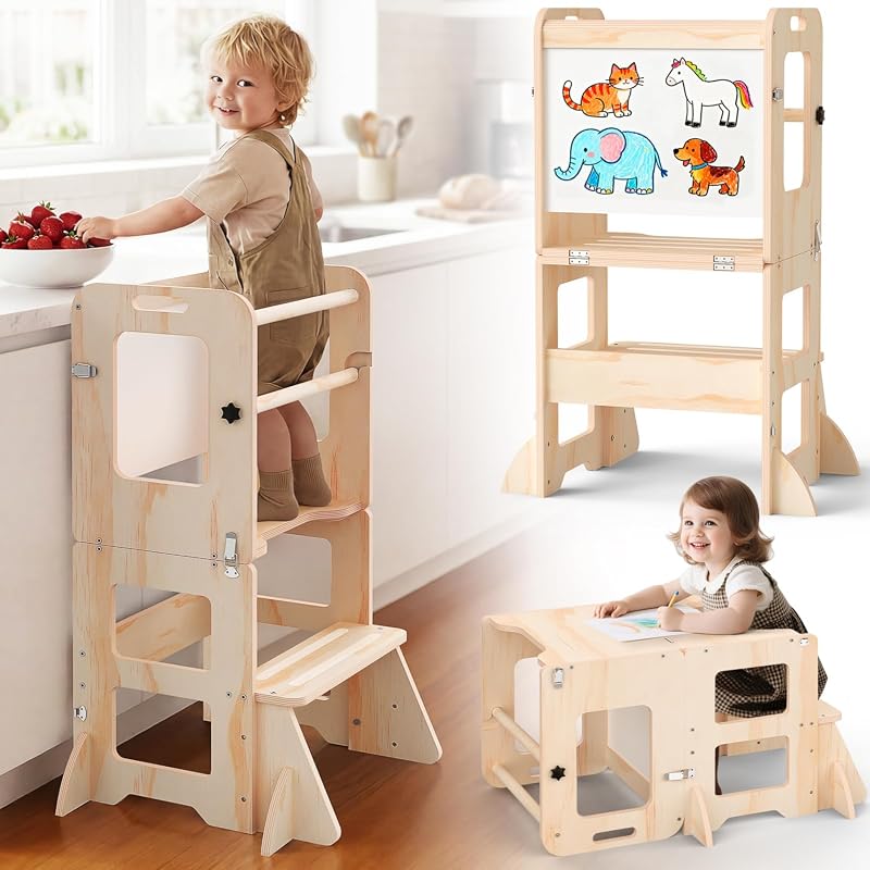 4-in-1 Foldable Toddler Kitchen Step Stool with Whiteboard, Wooden Lea