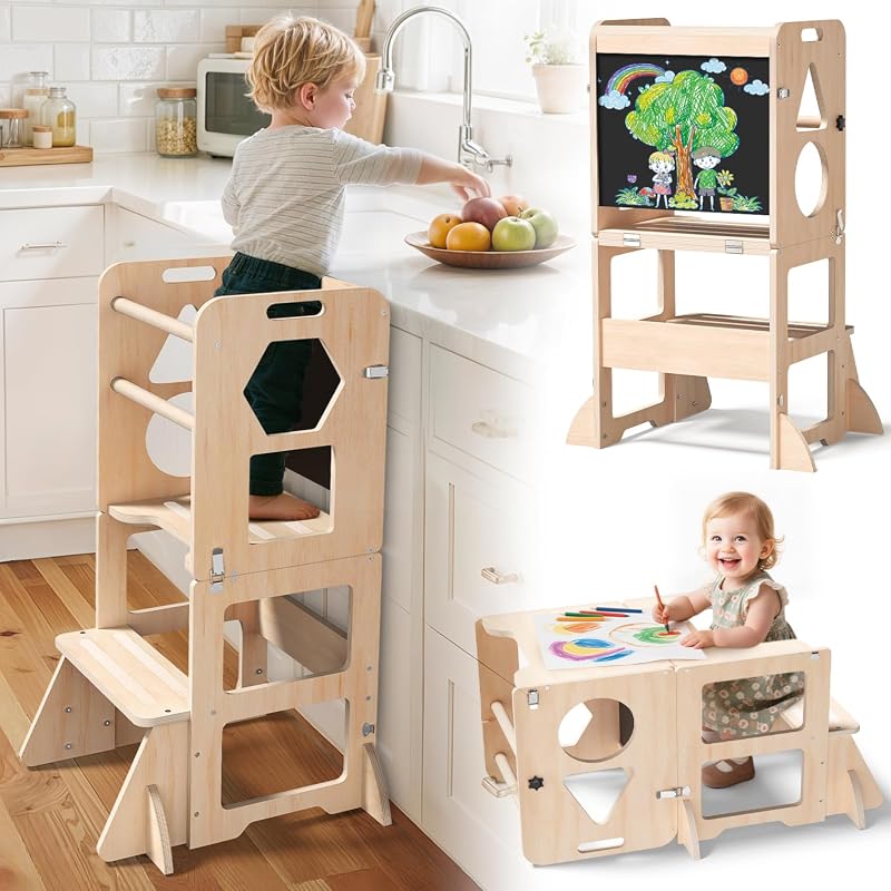 Woodure 4-in-1 Toddler Kitchen Step Stool, Foldable Wooden Learning St