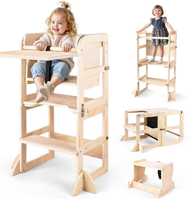 Woodure 6-in-1 Toddler Kitchen Step Stool with Blackboard & Feeding Tr