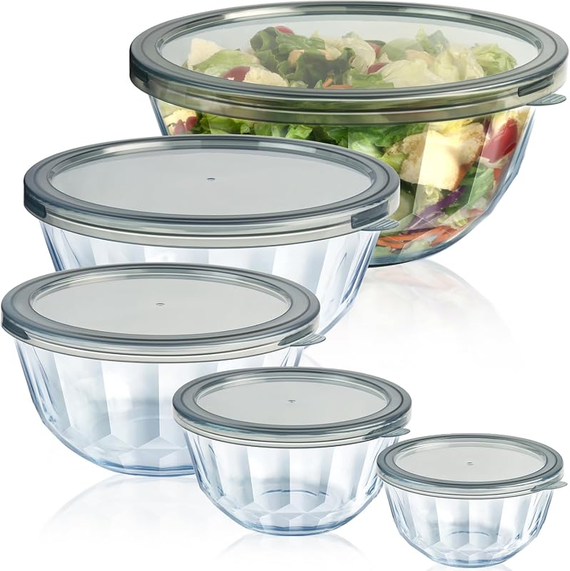 Freshmage 5-Pack Thick Glass Nesting Mixing Bowls with Airtight Lids f