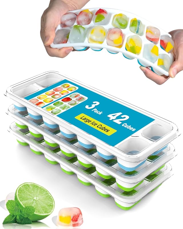3 Pack Ice Cube Trays with Lid for Freezer - Flexible Silicone Bottom 