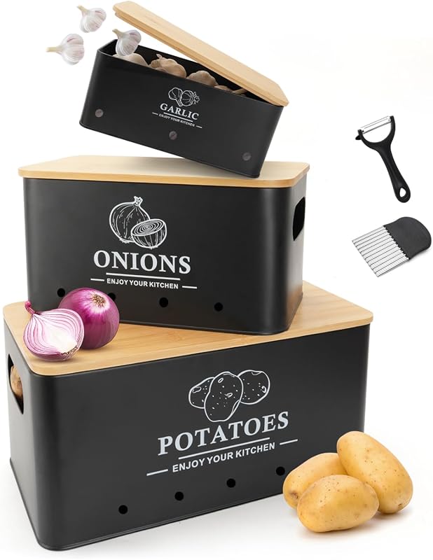 Black Metal Onion Garlic Potato Storage Set of 3 with Aerating Holes a