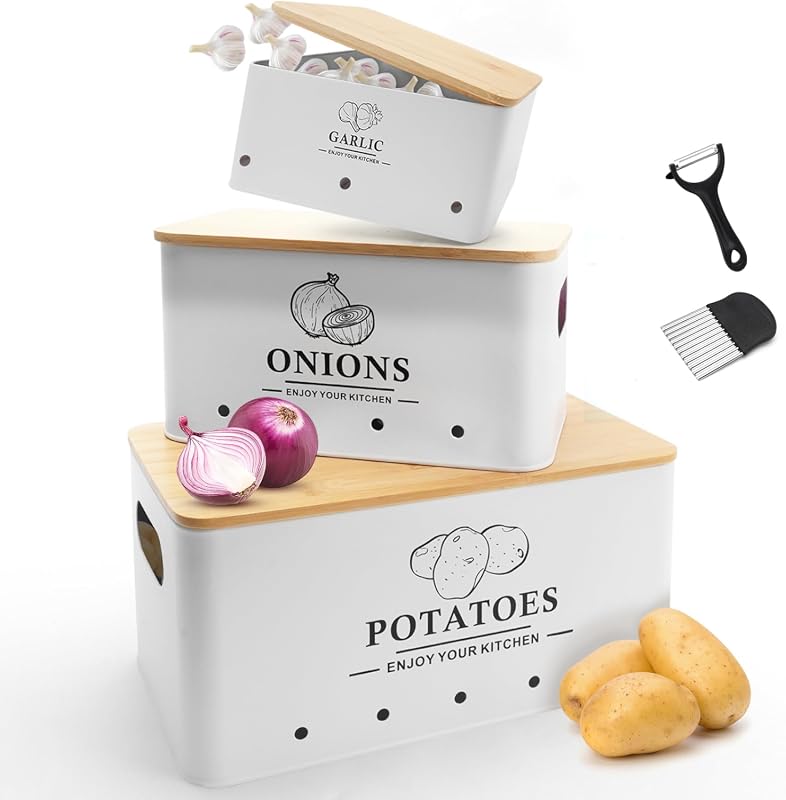 White Metal Onion Garlic Potato Storage Set of 3 with Aerating Holes a