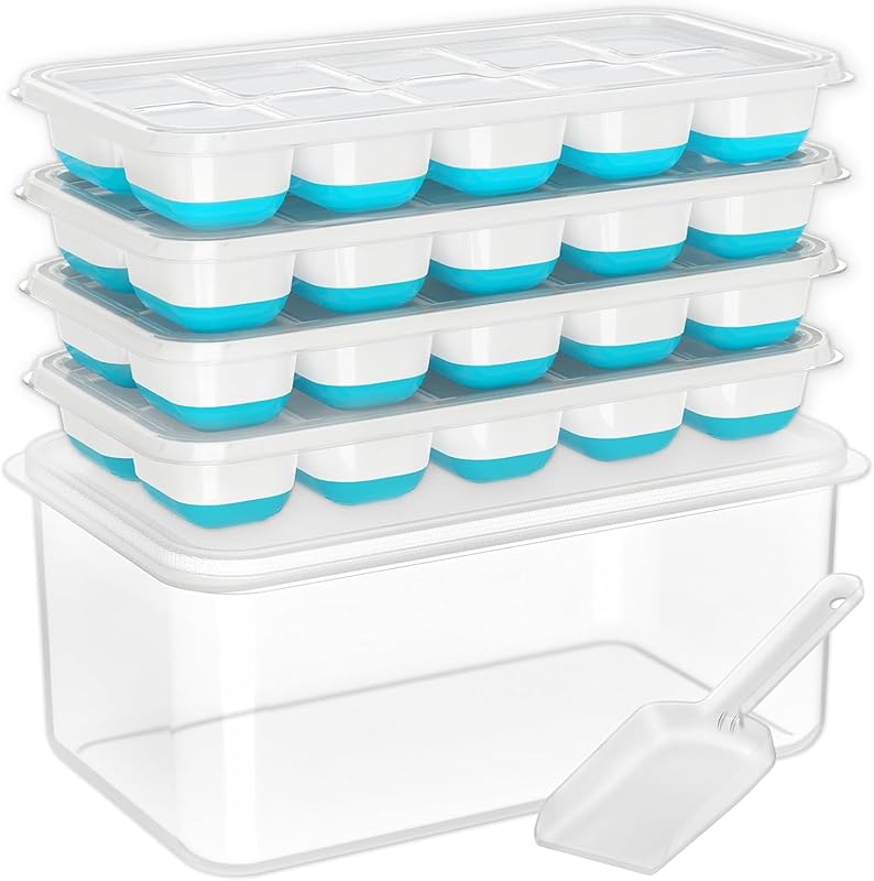 DOQAUS Ice Cube Tray with Lid and Bin - 4 Pack Silicone Stackable Ice 