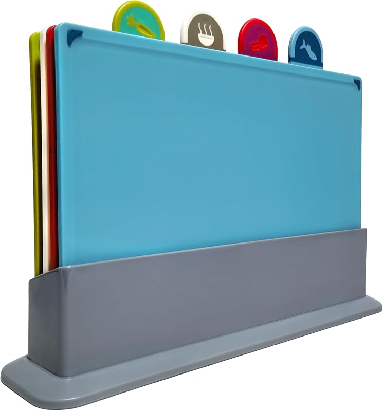 Cutting Board Set with Storage Stand, 4 Color Plastic Boards with Food