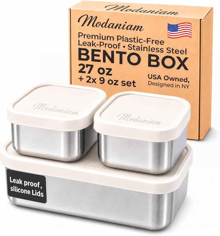 Modaniam Stainless Steel Lunch Box Set 27oz and 9oz, Leak Proof Metal 