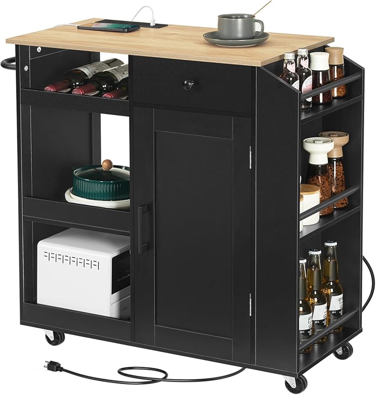 MAHANCRIS Rolling Kitchen Island with Power Outlet, Storage Cart with 