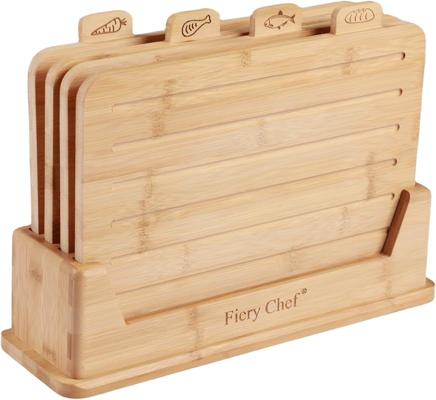 Fiery Chef Bamboo Cutting Board Set of 4 with Holder, Juice Groove, Fo