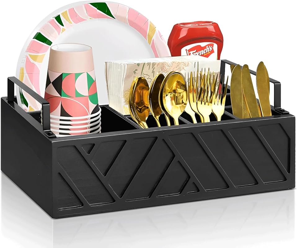 Paper Plate Dispenser with Utensil Caddy, Rustic Wooden 6-Compartment 