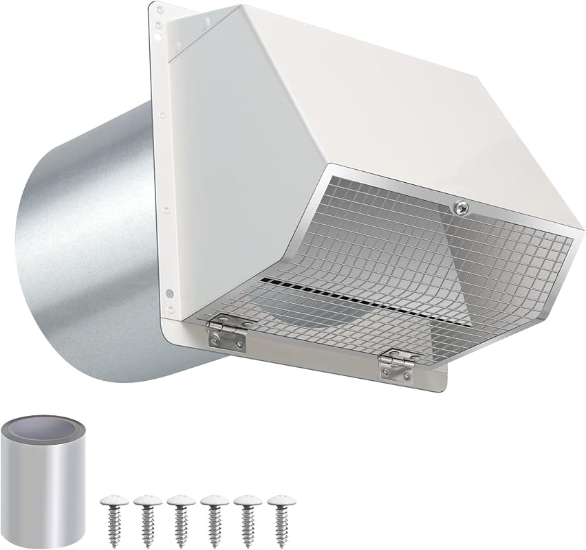 6 Inch Hooded Wall Vent with Screen and Damper, Galvanized Steel Exter
